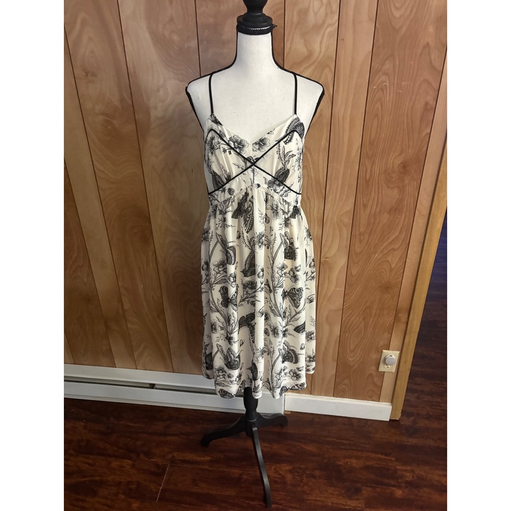 Ann Taylor LOFT Butterfly Floral Empire Waist Midi Dress Cream Black Size 6